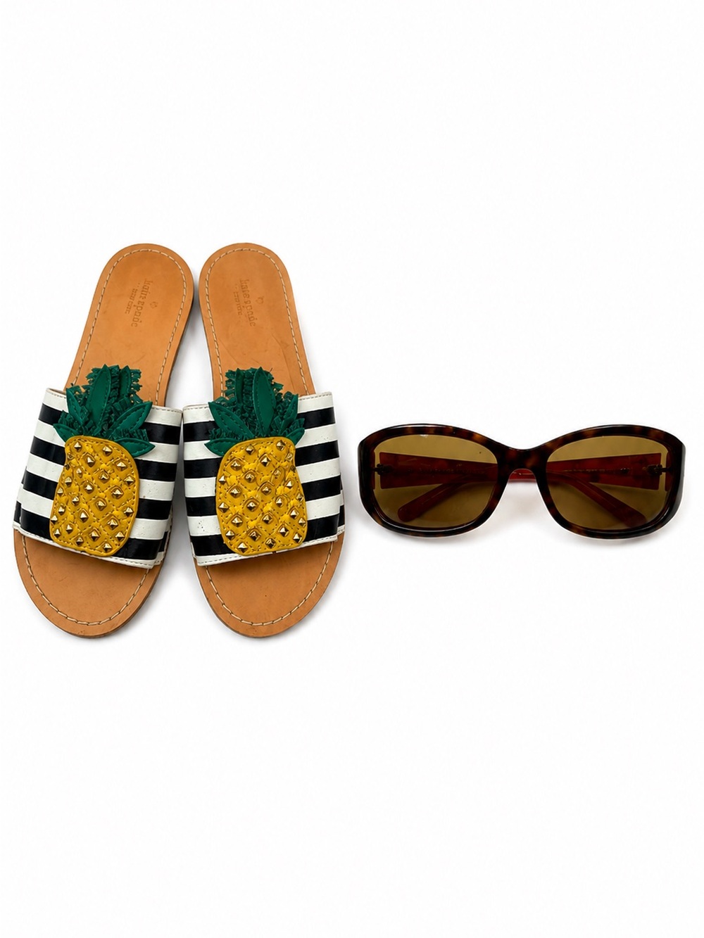 Kate Spade Icarus Pineapple Slide Sandals 9M Polarized Sunglasses Bundle Beach
